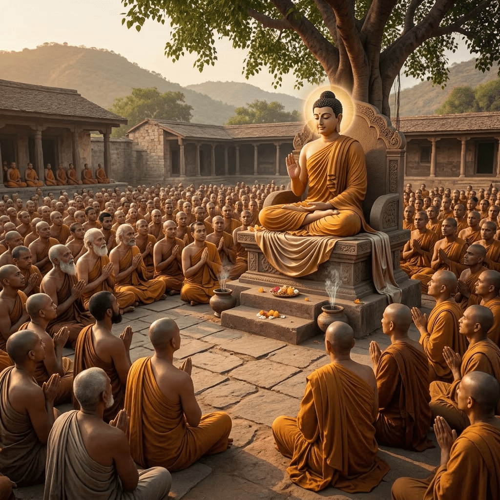 Buddha meditating and teaching seated on ornate throne surrounded by monks in prayer under large tree